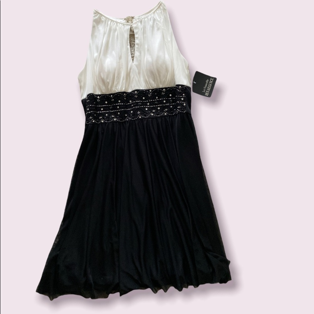 Black and cream cocktail dress with beading detail
